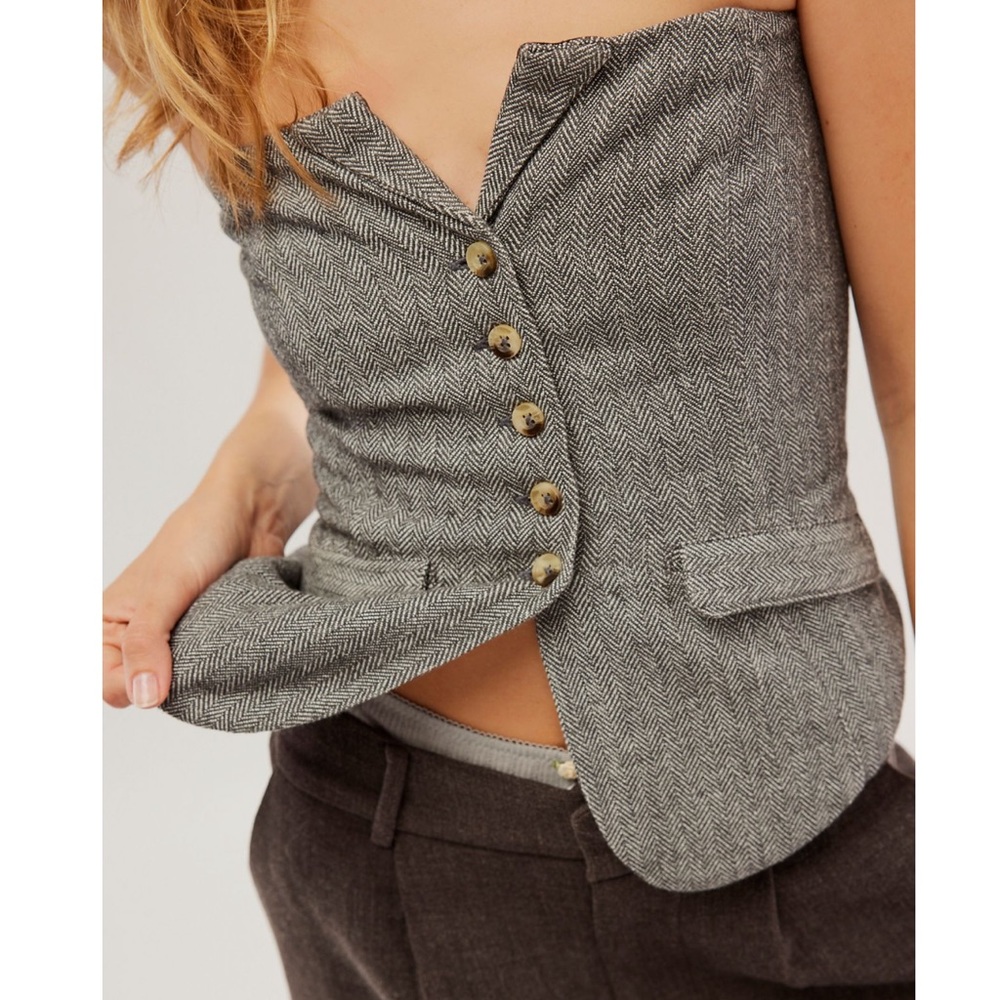 Free People Gray Herringbone Button-Up Top